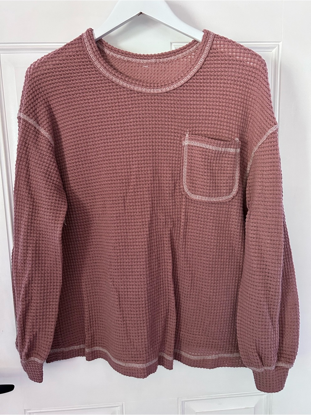 SHEIN Waffle Knit Long Sleeve Top - Dusty Rose